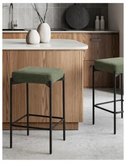 Oikiture Oikiture 2x Bar Stools Kithen Counter Stool Dining Chair Linen Seat Metal Green