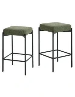 Oikiture Oikiture 2x Bar Stools Kithen Counter Stool Dining Chair Linen Seat Metal Green