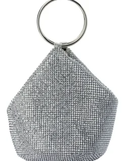 Olga Berg Ellie Crystal Mesh Top Handle Bag in Silver