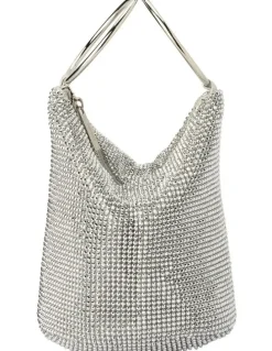 Olga Berg Ellie Crystal Mesh Top Handle Bag in Silver