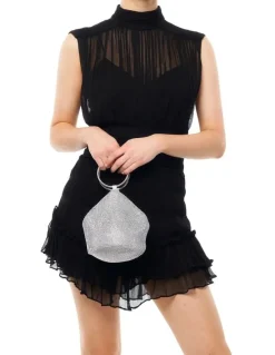 Olga Berg Ellie Crystal Mesh Top Handle Bag in Silver