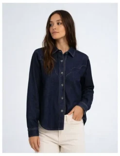 ONLY Piccadilly Long Sleeve Western Denim Shirt in Dark Blue