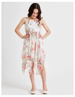 Origami Audrey Sleeveless Woven Dress with Hankerchief Hem and Floral Print in Vanilla