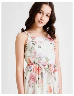 Origami Audrey Sleeveless Woven Dress with Hankerchief Hem and Floral Print in Vanilla