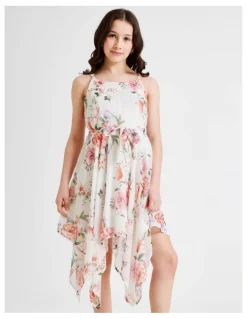 Origami Audrey Sleeveless Woven Dress with Hankerchief Hem and Floral Print in Vanilla