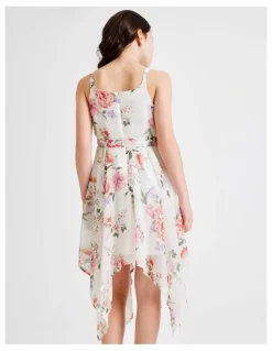 Origami Audrey Sleeveless Woven Dress with Hankerchief Hem and Floral Print in Vanilla