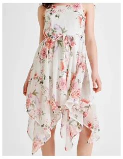 Origami Audrey Sleeveless Woven Dress with Hankerchief Hem and Floral Print in Vanilla