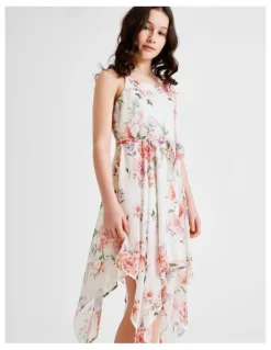 Origami Audrey Sleeveless Woven Dress with Hankerchief Hem and Floral Print in Vanilla