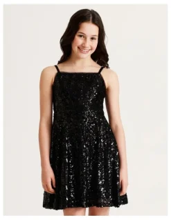 Origami Eve Senior Sleeveless Sequin Fit and Flare Dress in Black