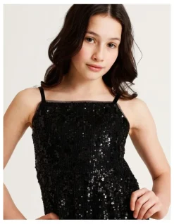 Origami Eve Senior Sleeveless Sequin Fit and Flare Dress in Black