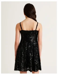 Origami Eve Senior Sleeveless Sequin Fit and Flare Dress in Black