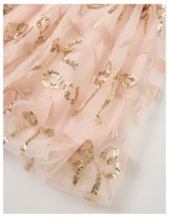 Origami Gigi Dress with Bubble Sleeve & Embellished Tulle in Gold