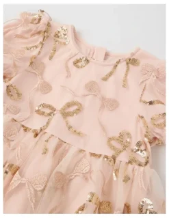 Origami Gigi Dress with Bubble Sleeve & Embellished Tulle in Gold