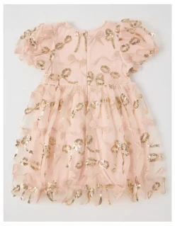 Origami Gigi Dress with Bubble Sleeve & Embellished Tulle in Gold