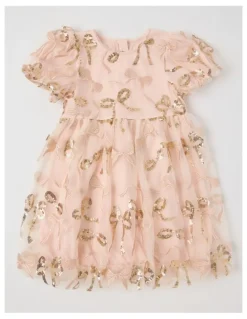 Origami Gigi Dress with Bubble Sleeve & Embellished Tulle in Gold