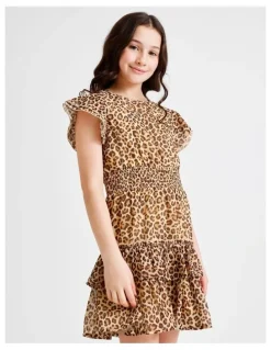 Origami Izzy Senior Short Sleeve Lurex Mini Dress with Leopard Print, Ruffles and Shirred Waist in Multi