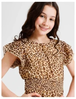 Origami Izzy Senior Short Sleeve Lurex Mini Dress with Leopard Print, Ruffles and Shirred Waist in Multi