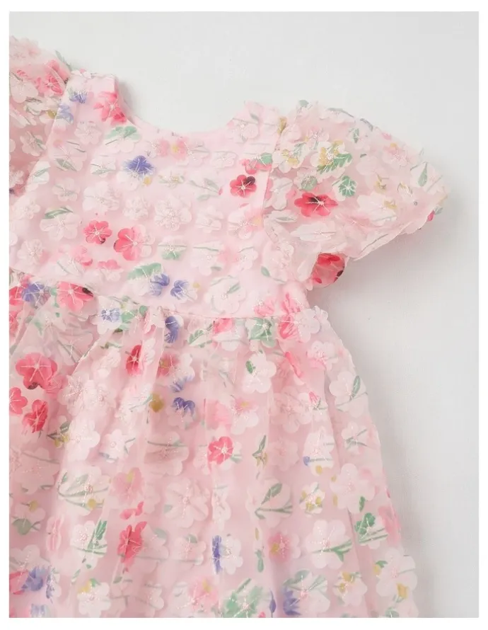 Origami Lulu Newborn Floral Applique Dress in Pink