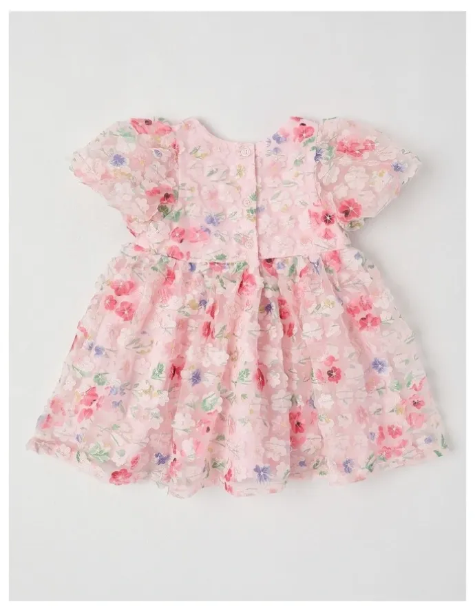 Origami Lulu Newborn Floral Applique Dress in Pink