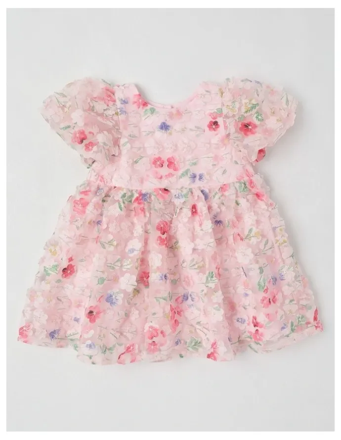 Origami Lulu Newborn Floral Applique Dress in Pink
