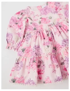 Origami Maisie Tiered Dress with Bobble Trim in Pink