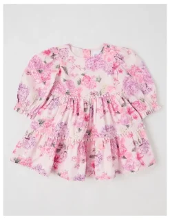 Origami Maisie Tiered Dress with Bobble Trim in Pink