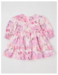 Origami Maisie Tiered Dress with Bobble Trim in Pink