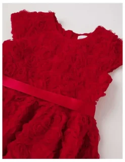 Origami Rose Fit & Flare Rosette Dress with Oversized Bow in Berry