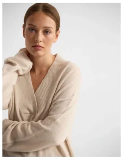 Oxford Camille V-Neck Wool Blend Knit in Ivory