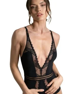 Passionata Rodeo Plunge Opaque And Lace Lingerie Bodysuit in Black