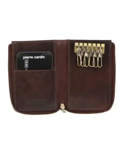 PIERRE CARDIN Italian Leather Key + Credit Card Holder in Chocolate