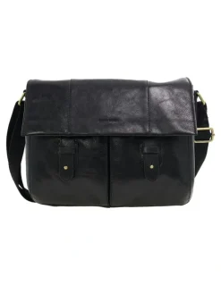 PIERRE CARDIN Leather Rustic Messenger Bag in Black