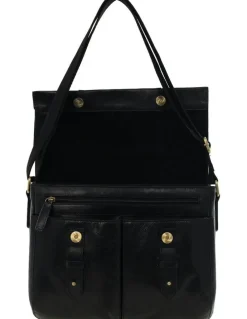 PIERRE CARDIN Leather Rustic Messenger Bag in Black