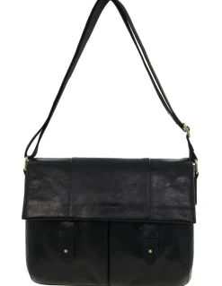 PIERRE CARDIN Leather Rustic Messenger Bag in Black