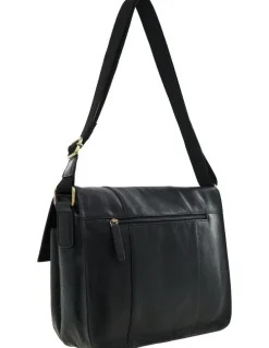 PIERRE CARDIN Leather Rustic Messenger Bag in Black