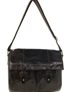 PIERRE CARDIN Leather Rustic Messenger Bag in Chocolate
