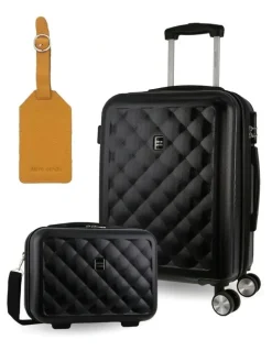 PIERRE CARDIN Metro CABIN Hard Shell with Mini Beauty Case Set Assorted Leather Tag in Black