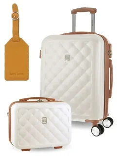 PIERRE CARDIN Metro CABIN Hard Shell with Mini Beauty Case Set Assorted Leather Tag in White