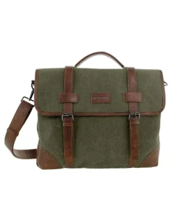 PIERRE CARDIN Pierre Cardin Canvas Laptop Satchel in Brown - Canvas/Vegan Leather