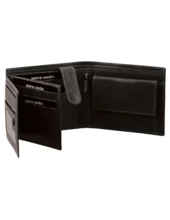 PIERRE CARDIN Rustic Leather Tri-Fold Wallet in Black