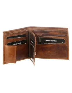 PIERRE CARDIN Rustic Leather Tri-Fold Wallet in Cognac