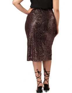 Pink Dusk by Curve Project Foolish Sequin Midi Skirt in Brown