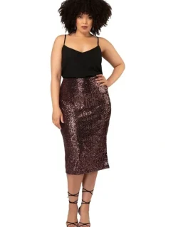 Pink Dusk by Curve Project Foolish Sequin Midi Skirt in Brown
