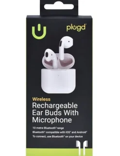 Plugd Bluetooth Rechargeable Ear Buds with Microphone in White