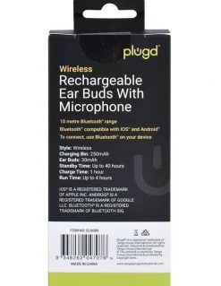 Plugd Bluetooth Rechargeable Ear Buds with Microphone in White