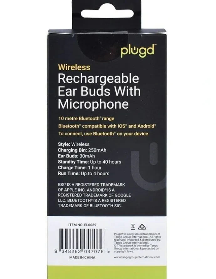 Plugd Bluetooth Rechargeable Ear Buds with Microphone in White