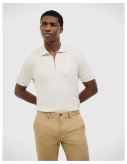 Politix Morgan Textured Zip-up Polo in Bone