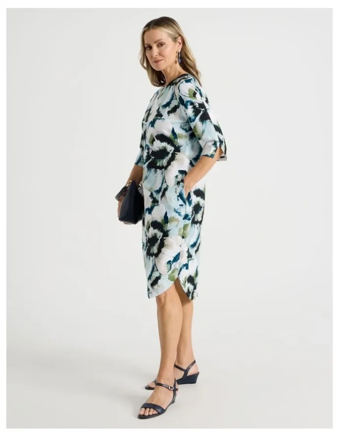 Regatta Elbow Length Split Sleeve Dress With Side Pockets in Blues/Olive Blurred Floral