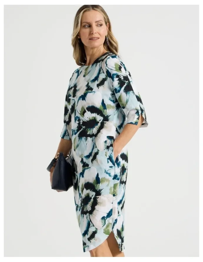 Regatta Elbow Length Split Sleeve Dress With Side Pockets in Blues/Olive Blurred Floral