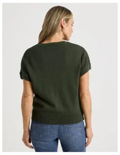 Regatta Extended Sleeve Knit Top With Fancy Knit Sleeves in Olive